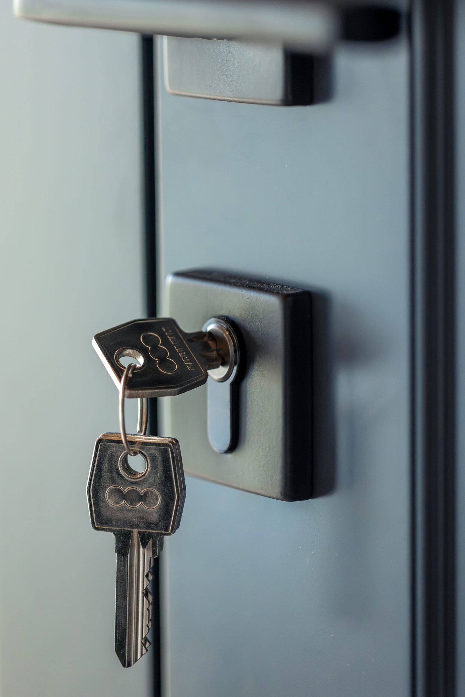 Keys in cylinder. Vertical profile. Modern hardware.